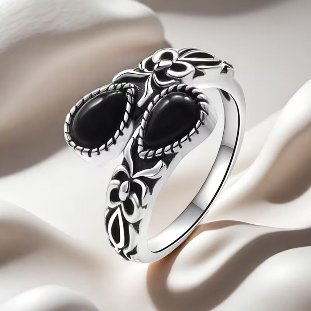 Silver Onyx Open Spoon Ring Criss Cross Adjustable Gemstone Retro Etched Classic